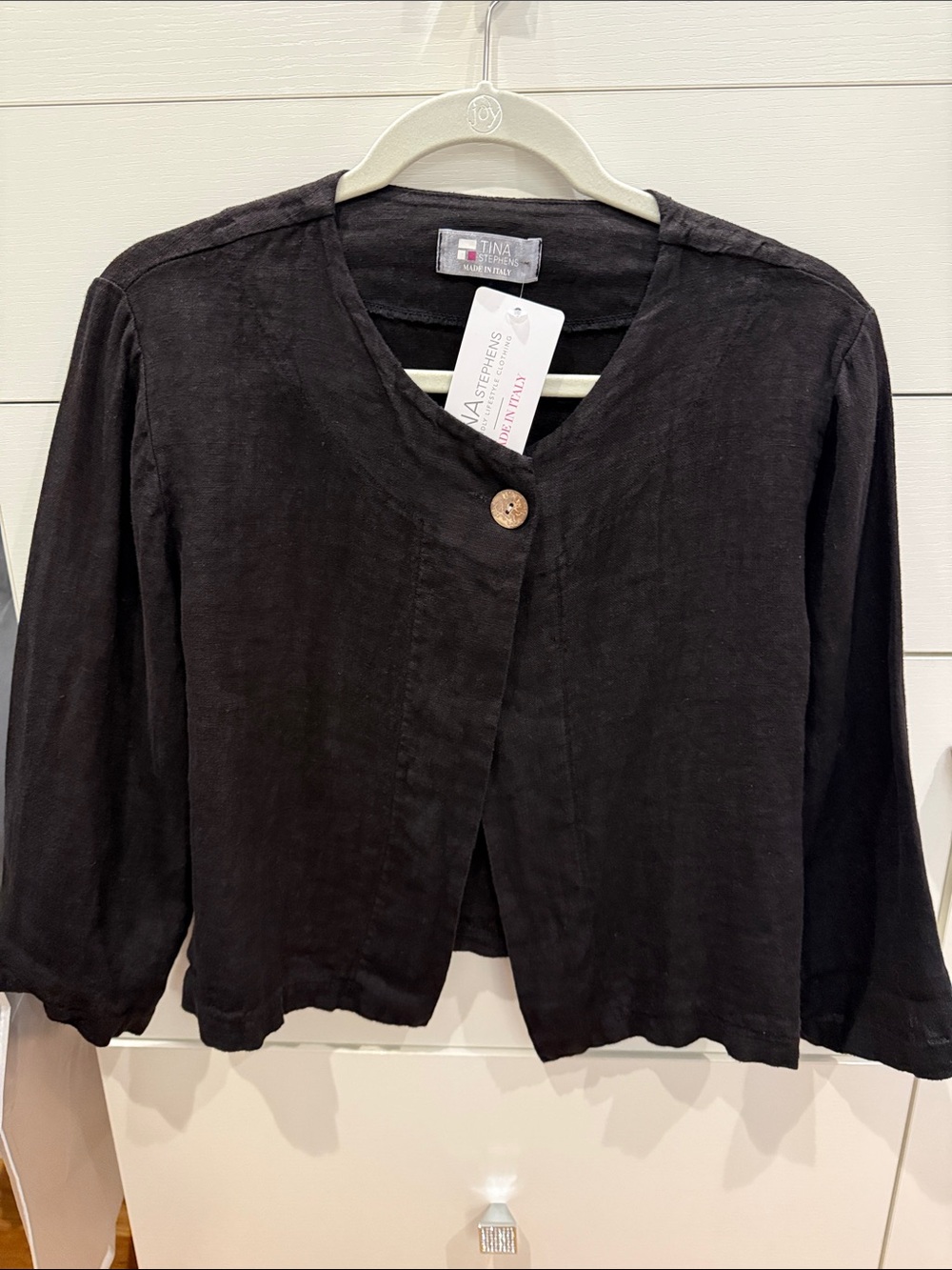 TINA Black Linen-Blend Single-Button Boxy Cropped Jacket